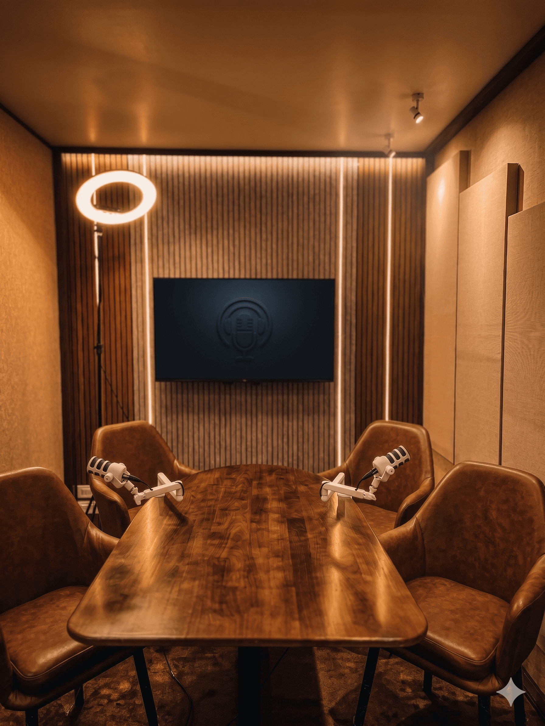 Podcast studio with leather chairs, RODE microphones, TV display, and warm ambient lighting
